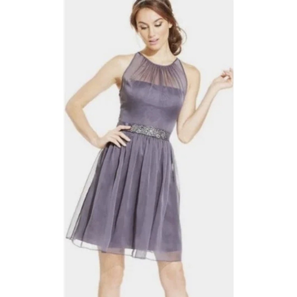 ADRIANNA PAPELL gray chiffon halter dess‎ beaded belt 8 grey Gnm NWT $159 Prom